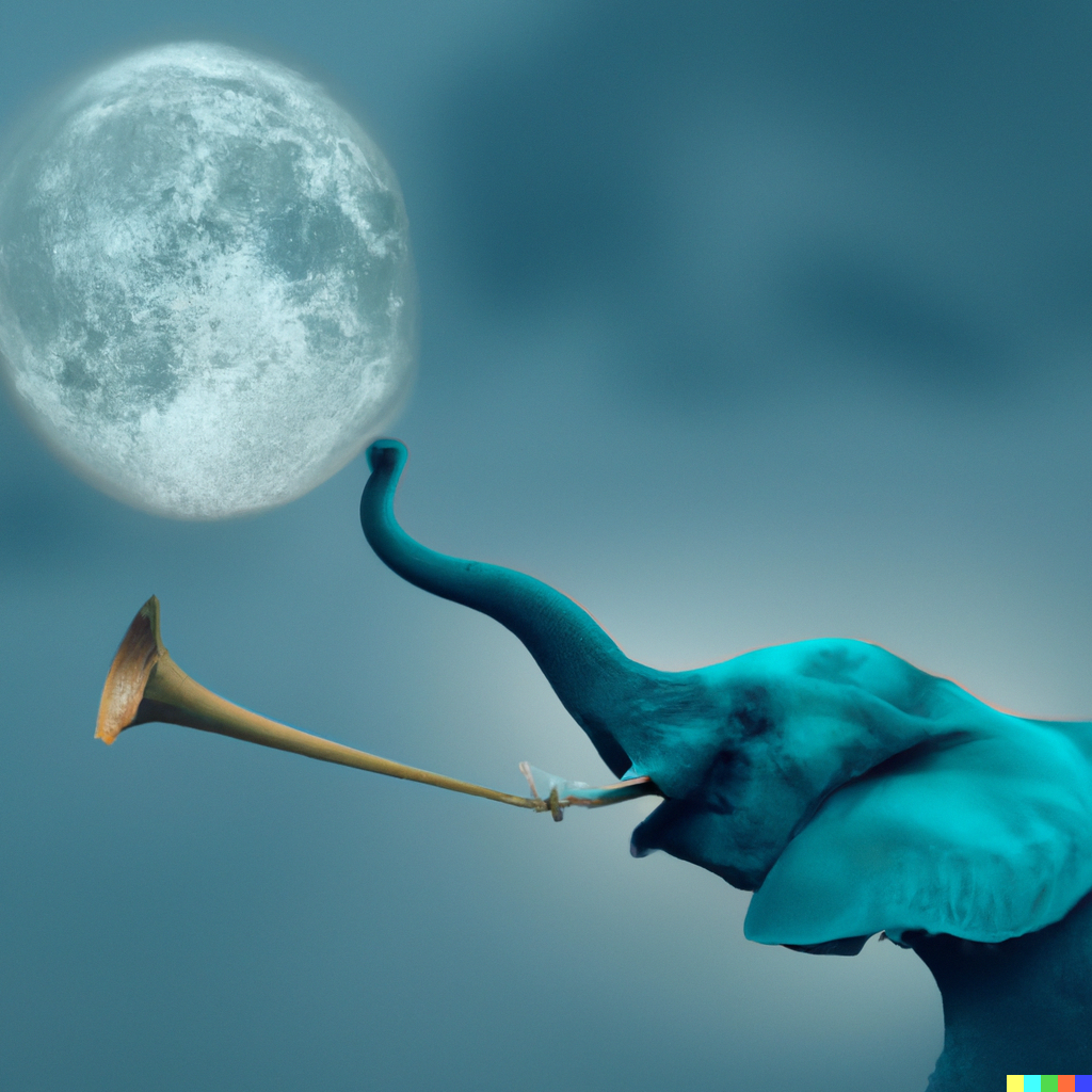 水色の象 トランペットを吹く 月 写真