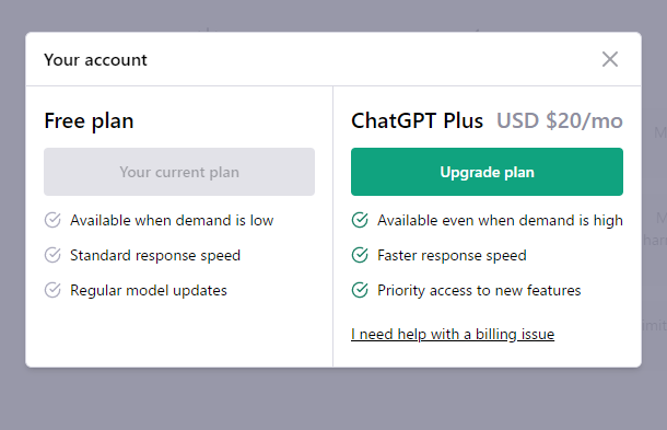 ChatGPT Plus USD $20/mo Upgrade plan