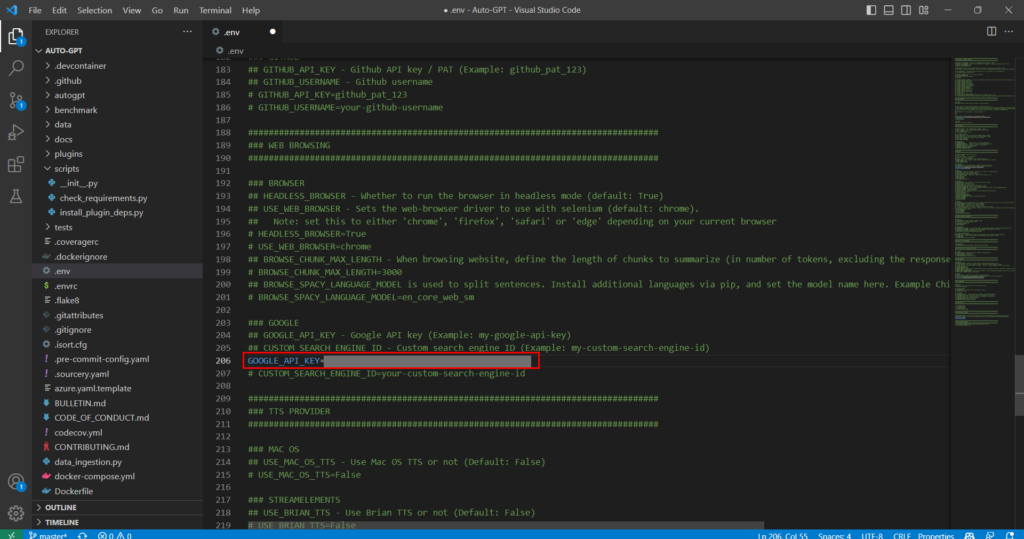 Visual Studio Code GOOGLE_API_KEY入力