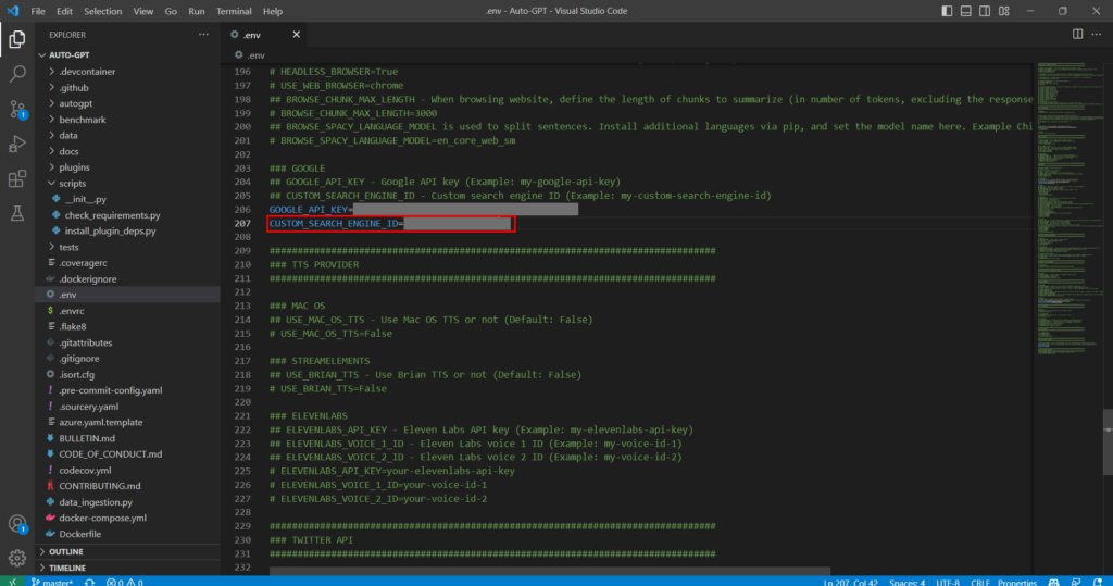 Visual Studio Code CUSTOM_SEARCH_ENGINE_ID入力