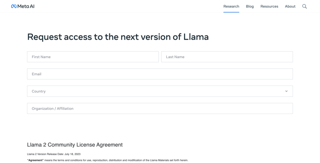 llama2 申請フォーム