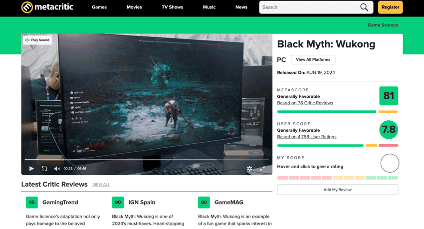 BlackMythWukong Metacritic メタスコア