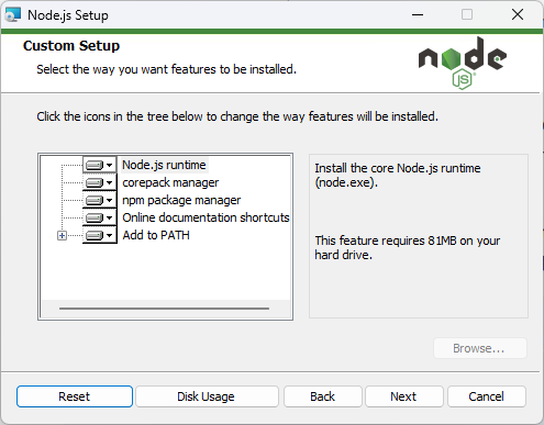 Node.jsインストール Custom Setup