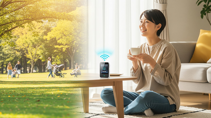 モバイルWi-Fiを家でも外でも使うイメージ