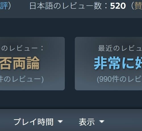 Steamレビュースコア 賛否両論、非常に好評