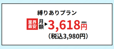 縛りありプラン月額3,618円（税込3,980円）