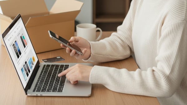 ノートPCでスマートフォンを購入する様子