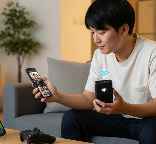モバイルルーターを使って自宅でインターネットをする様子