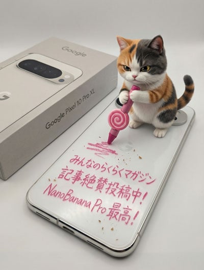 Nano Banana Pro みんなのらくらくマガジン記事絶賛投稿中！猫がNanoBanana Pro 最高！をマーカーで書く