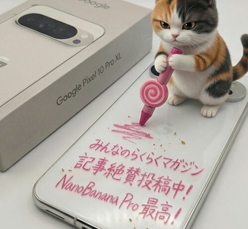 Nano Banana Pro みんなのらくらくマガジン記事絶賛投稿中！猫がNanoBanana Pro 最高！を書きなぐる