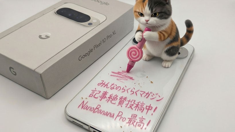 Nano Banana Pro みんなのらくらくマガジン記事絶賛投稿中！猫がNanoBanana Pro 最高！を書きなぐる