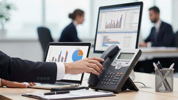 会社のオフィスで電話に出ようとする様子