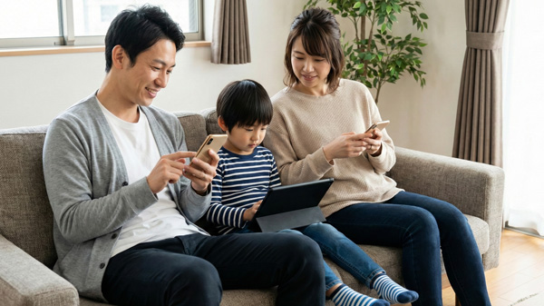 家族でスマートフォン、タブレットを楽しむ様子