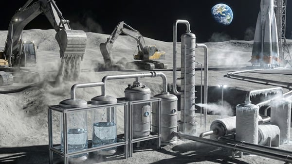 レゴリスを使って月面で水とロケット燃料を作るイメージ