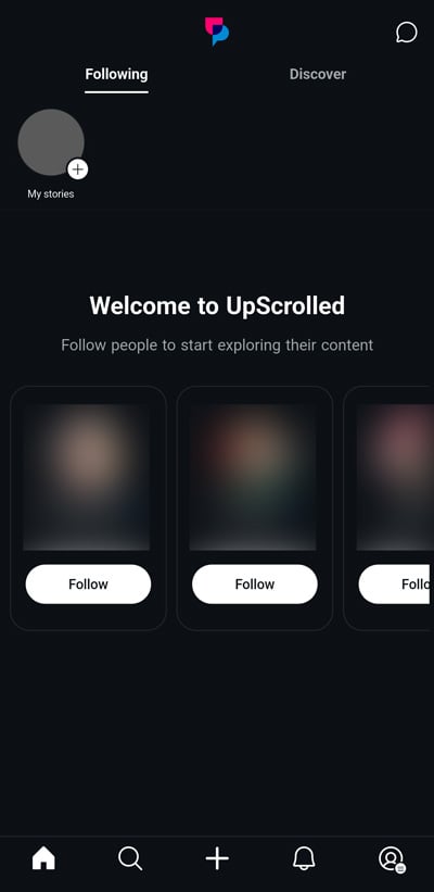 UpScrolled ホーム画面