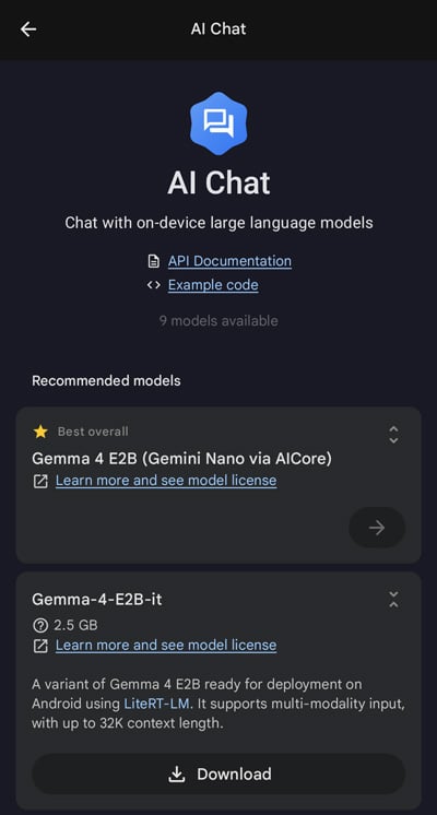Google AI Edge Gallery モデル選択