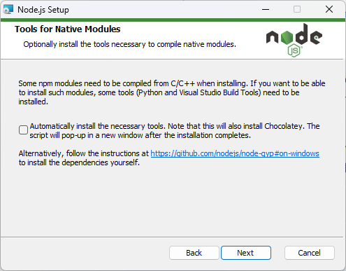 Node.jsインストール Tools for Native Modules