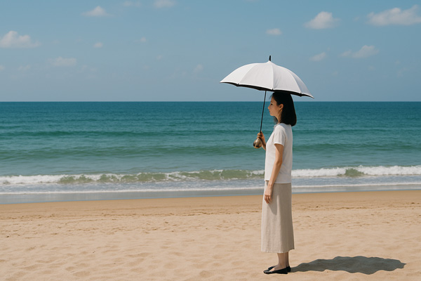 浜辺で日傘をさす様子