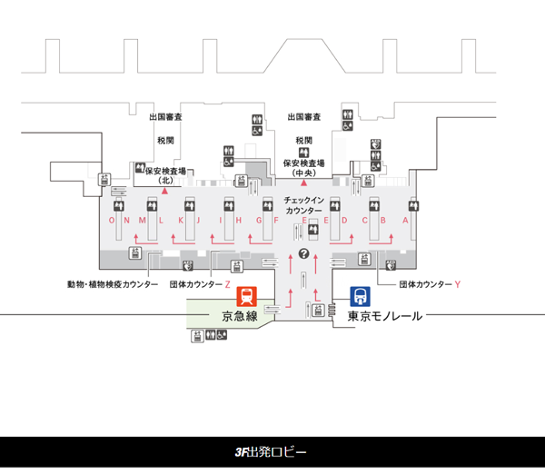 ▲第 3 號終端站 (T3)，3 樓，東京單軌電車登車月台