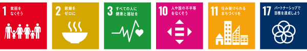 SDGs 1貧困をなくそう、2飢餓をゼロに、3すべての人に健康と福祉を、10人や国の不平等をなくそう、11住み続けられるまちづくりを、17パートナーシップで目標を達成しよう